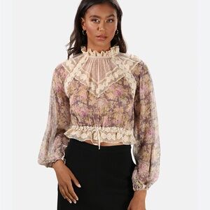 Zimmermann Floral Sheer Blouse with Lace Trim
